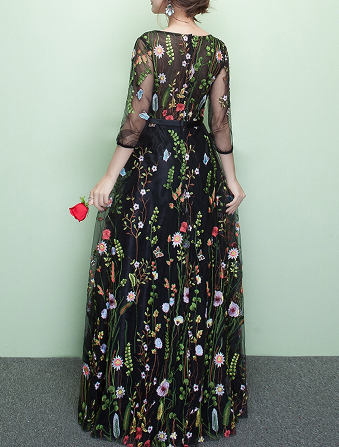 Wholesale A-Line Prom Dresses Floral Dress Party Wear Wedding Guest Floor Length 3/4 Length Sleeve Jewel Neck Lace with Embroidery